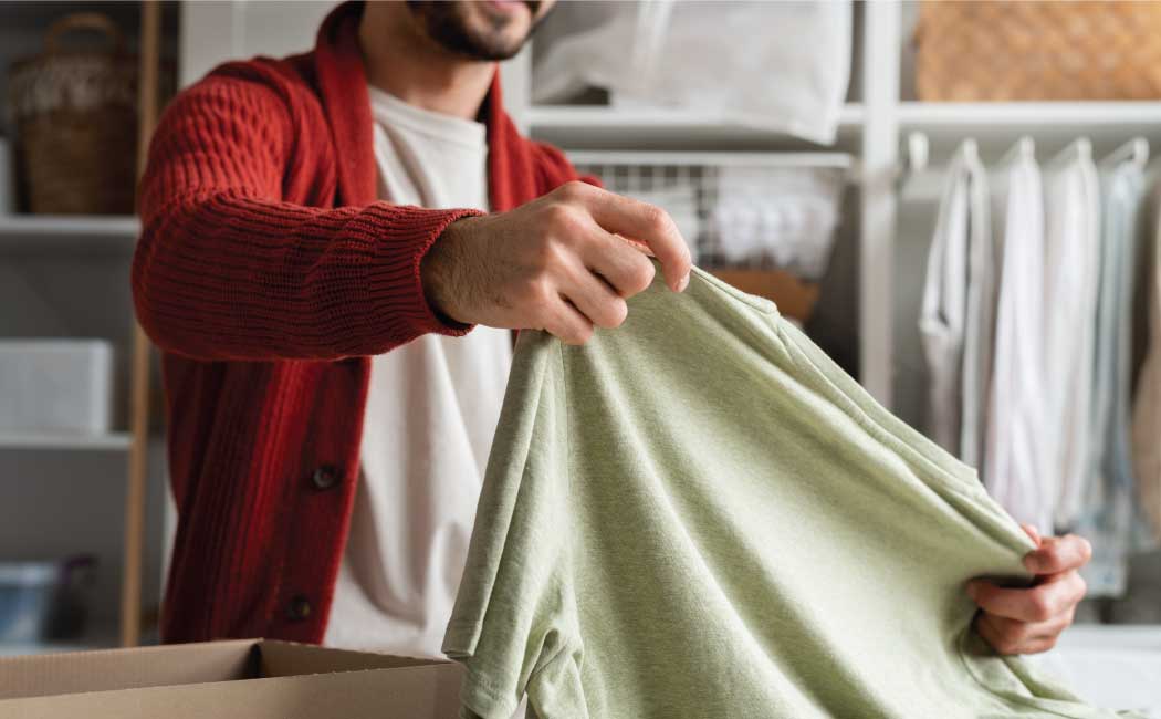 A person is checking the fabric quality of apparel