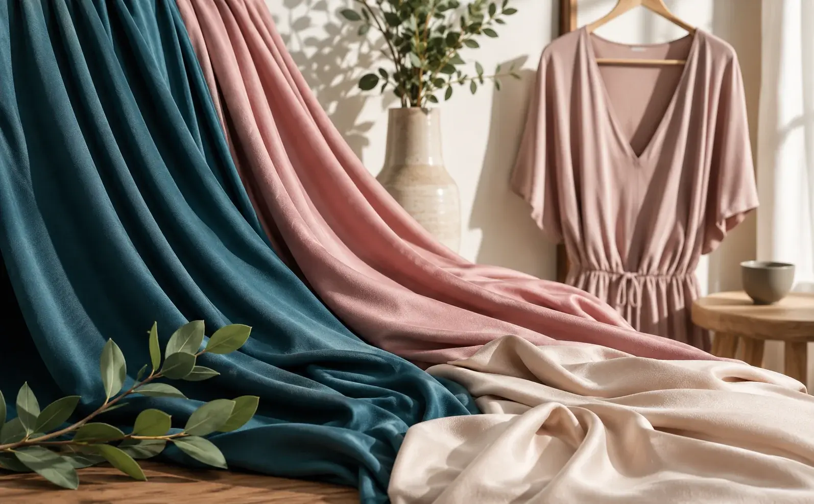 Teal, blush, and cream modal fabric displayed in smooth flowing folds with a soft modal dress in the background.