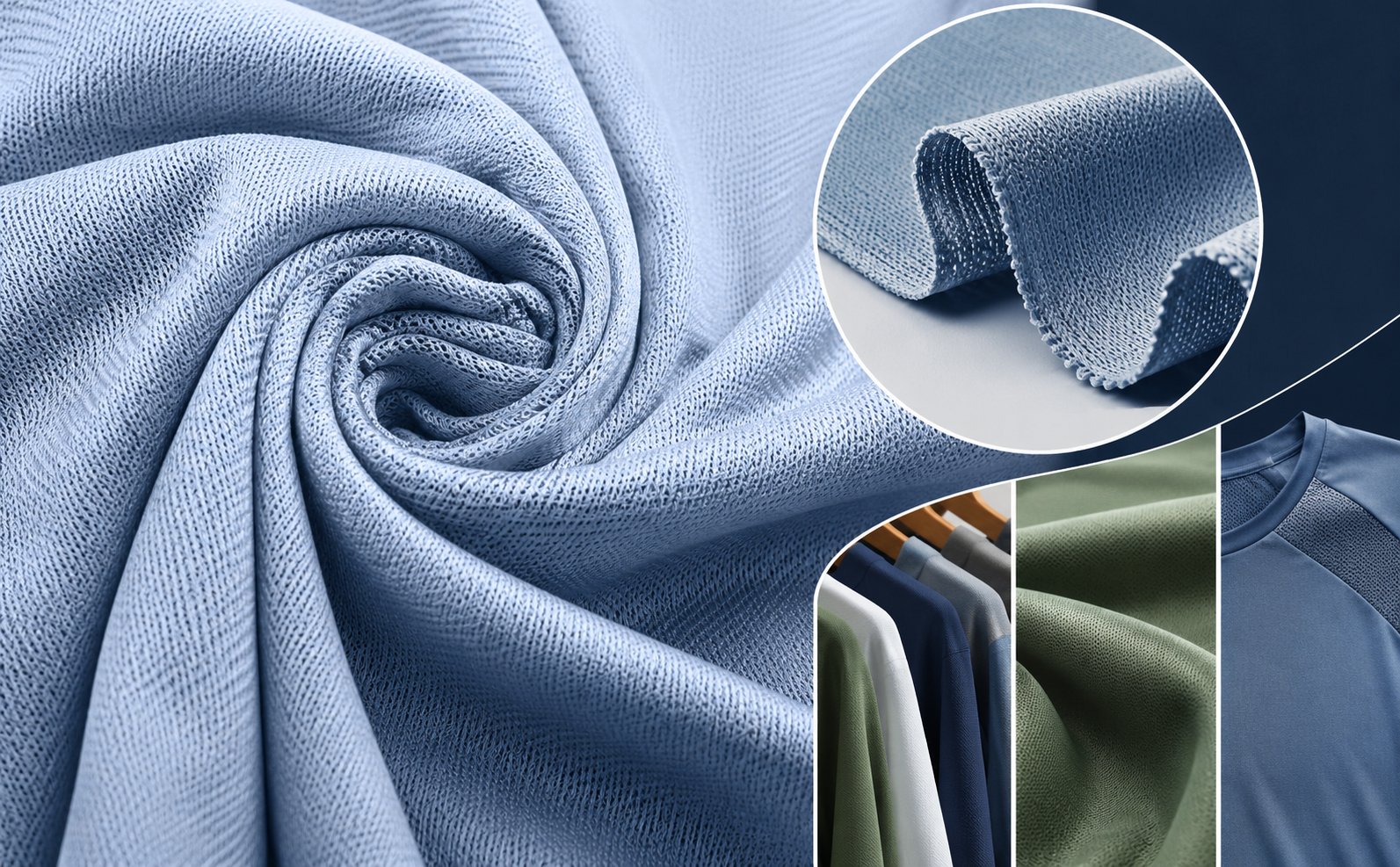 Close-up of light blue tricot fabric showing its fine knitted texture, rolled fabric edge, and examples of tricot fabric used in apparel and sportswear.