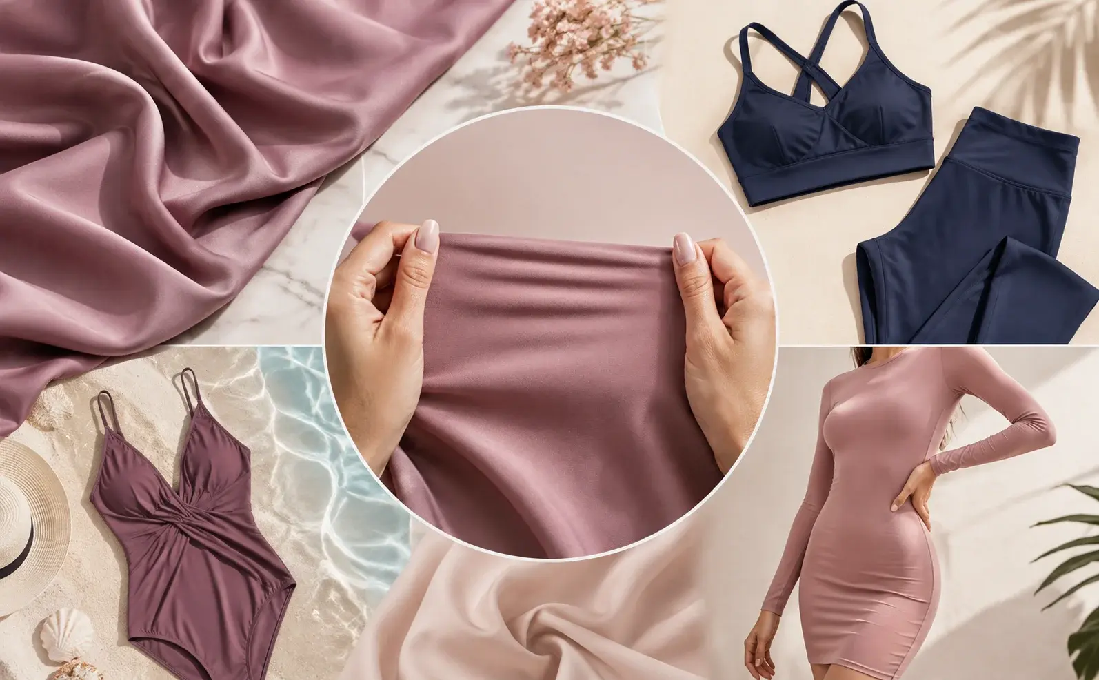 Stretchy Lycra fabric with activewear, swimwear, and fitted clothing displayed in a stylish collage.