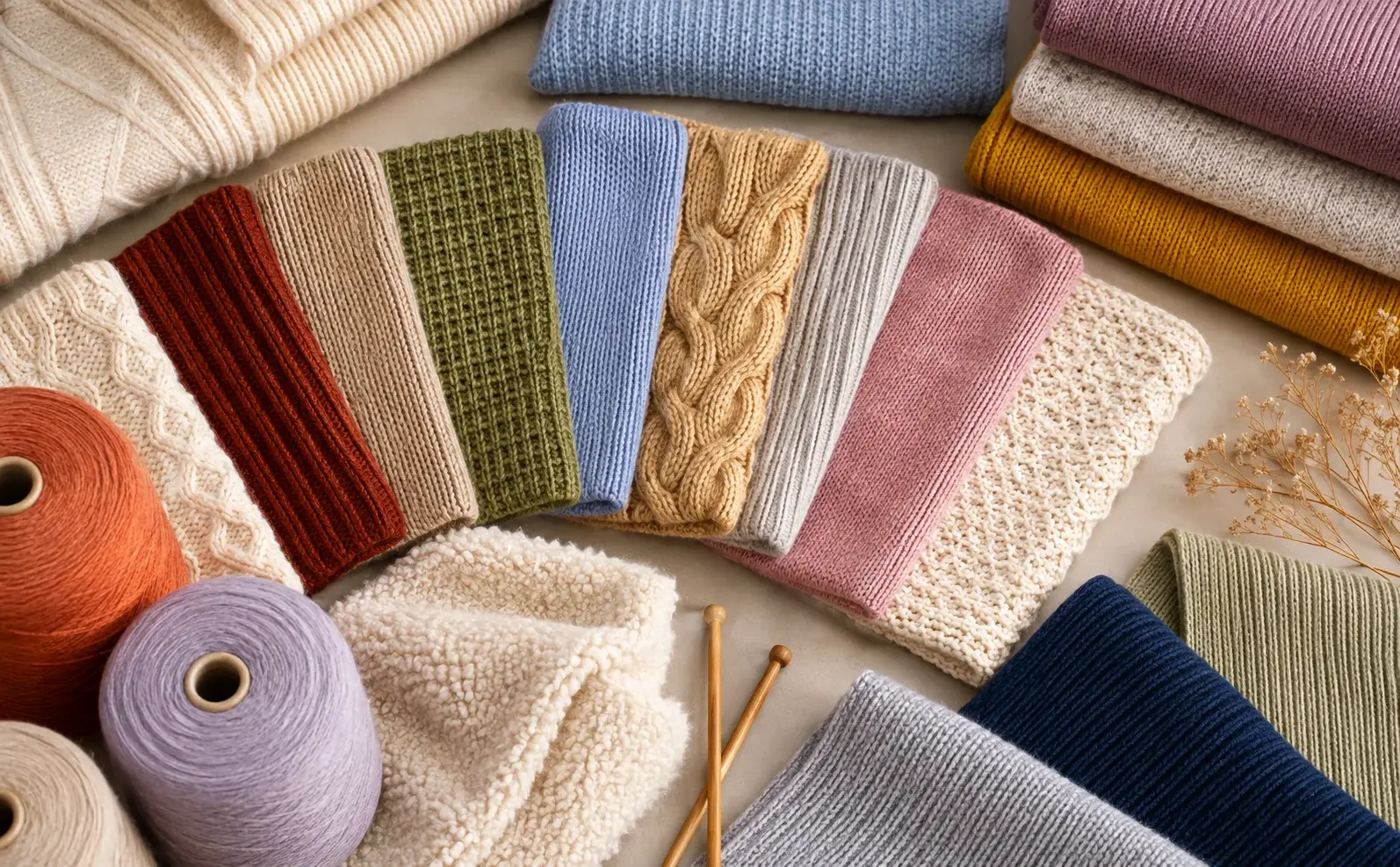 Colorful knitted fabric swatches with yarn cones and knitting needles showcasing different knit textures.