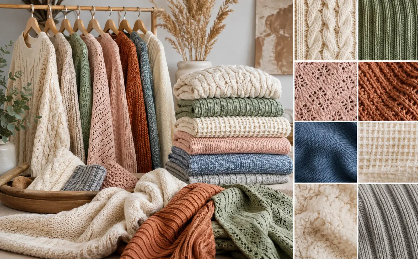 Collection of knitted fabrics and sweaters featuring cable, rib, lace, waffle, and textured knit patterns in multiple colors.
