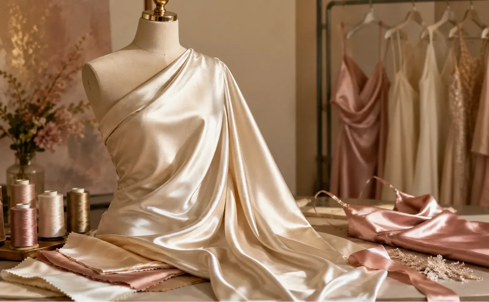 Luxurious charmeuse fabric in soft ivory and blush tones with elegant draping and sewing accessories.