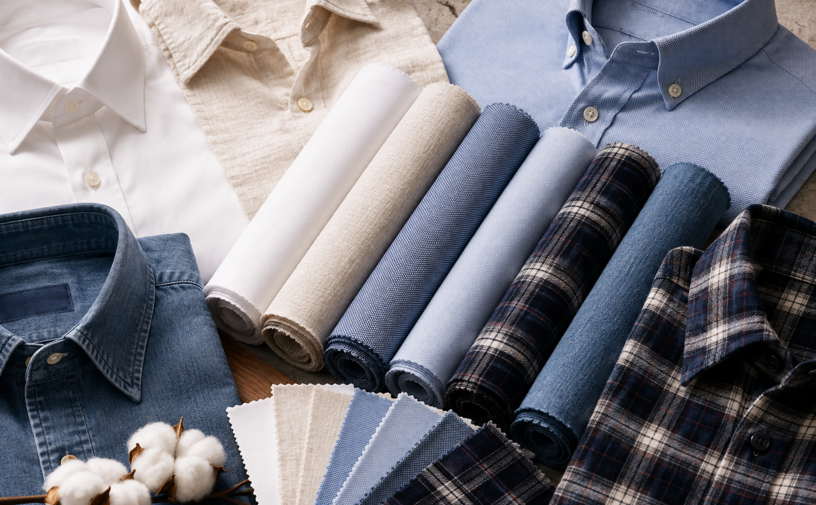 Different shirt fabrics including cotton, linen, oxford, flannel, chambray, and denim arranged with folded shirts and fabric swatches.