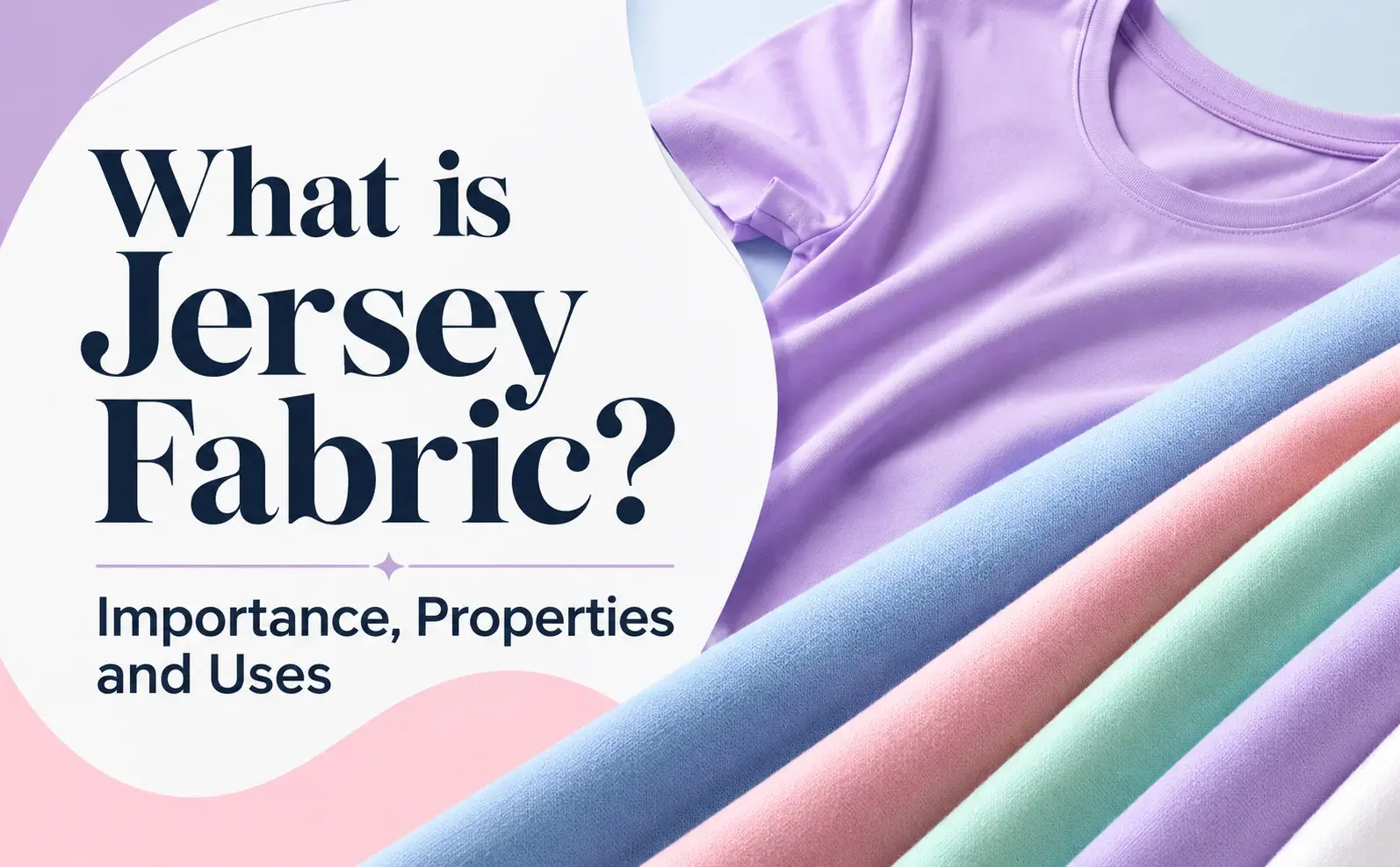 Jersey fabric guide with a purple T-shirt and colorful fabric rolls.