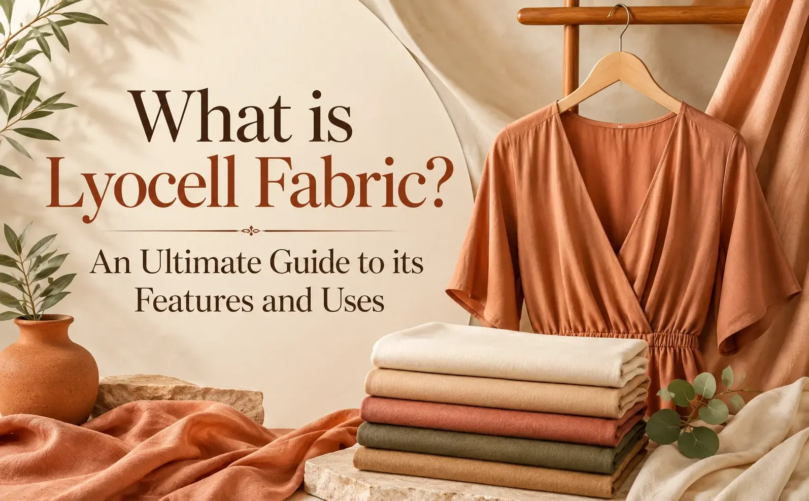 Lyocell fabric guide with a rust-colored dress and folded fabrics.