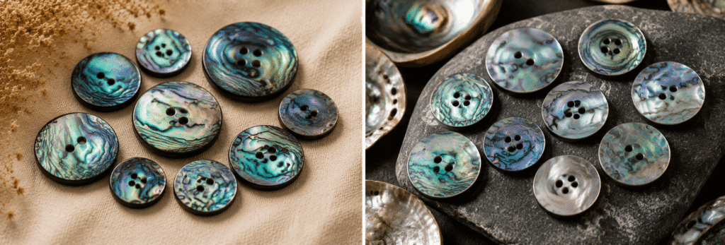 Iridescent abalone shell buttons in blue and green shades displayed on natural fabric.