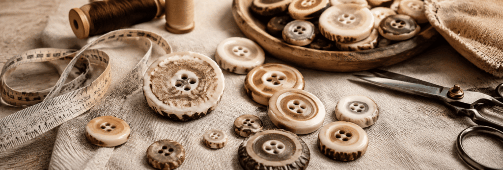 Rustic antler-style buttons in beige and brown tones arranged with tailoring accessories.