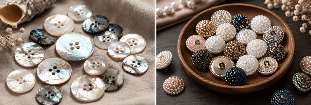 Decorative bead buttons with pearl, crystal, and metallic details displayed on soft fabric.