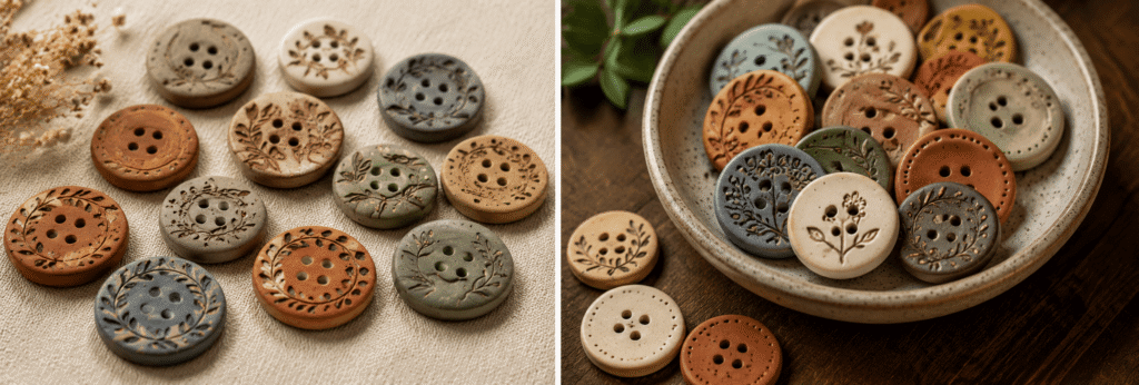 Handmade clay buttons in neutral colors featuring carved and textured designs.