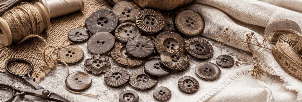 Natural coconut shell buttons in brown shades arranged with twine and sewing materials.