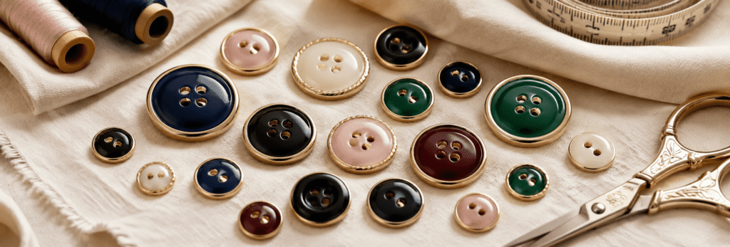 Colorful enamel buttons in glossy finishes arranged with fabric and sewing accessories.