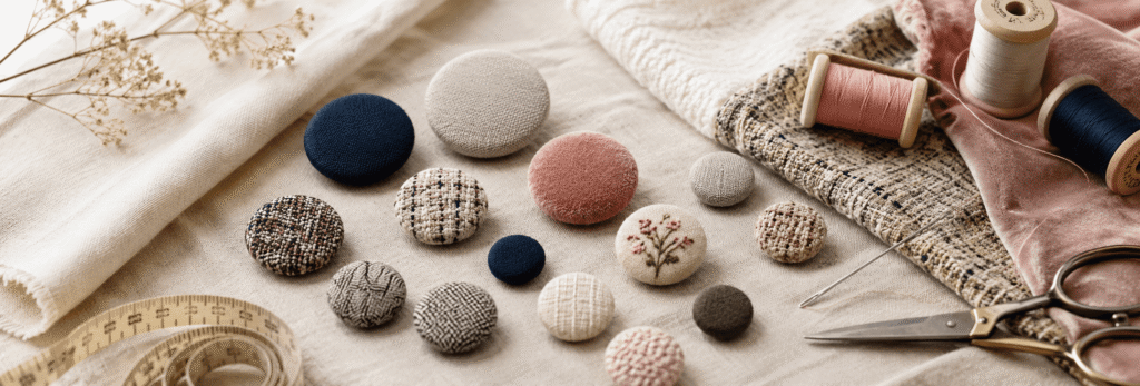 Fabric-covered buttons in pastel and neutral colors displayed with thread and tailoring tools.