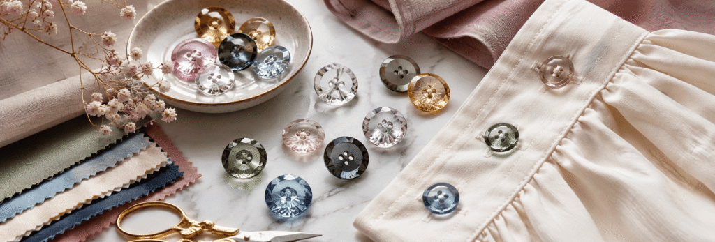 Decorative glass and crystal buttons arranged on elegant fabric with sewing accessories.