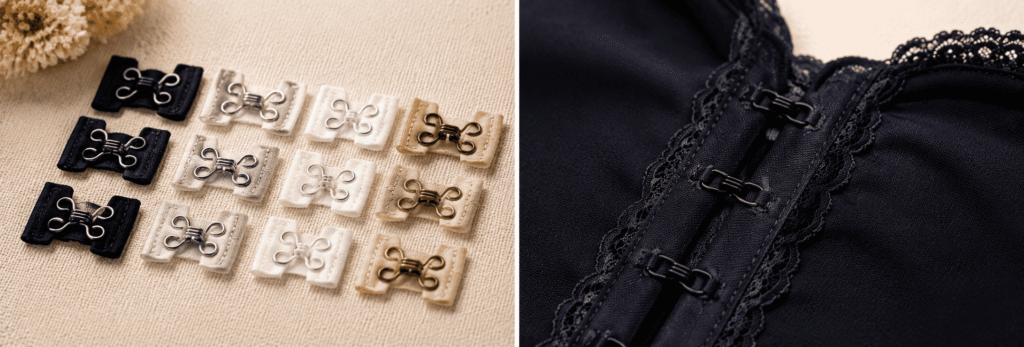 Black and white hook-and-eye garment fasteners displayed beside dark clothing fabric.