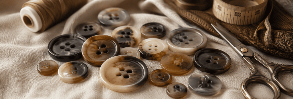 Natural horn-style buttons with marbled beige and brown patterns arranged on rustic fabric.