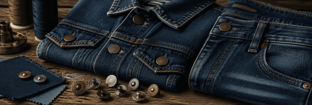 Metal jeans buttons and rivets displayed with folded blue denim garments.