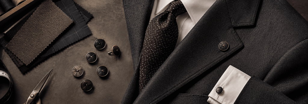 Black decorative lapel buttons displayed beside formal suits, shirts, and ties.
