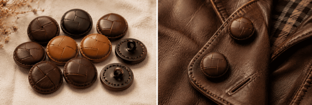 Brown leather-covered buttons displayed with a leather jacket and tailoring materials.