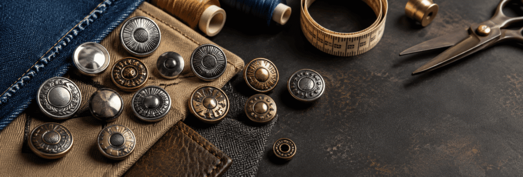 Assorted vintage metal buttons in silver, bronze, and antique finishes with sewing tools.