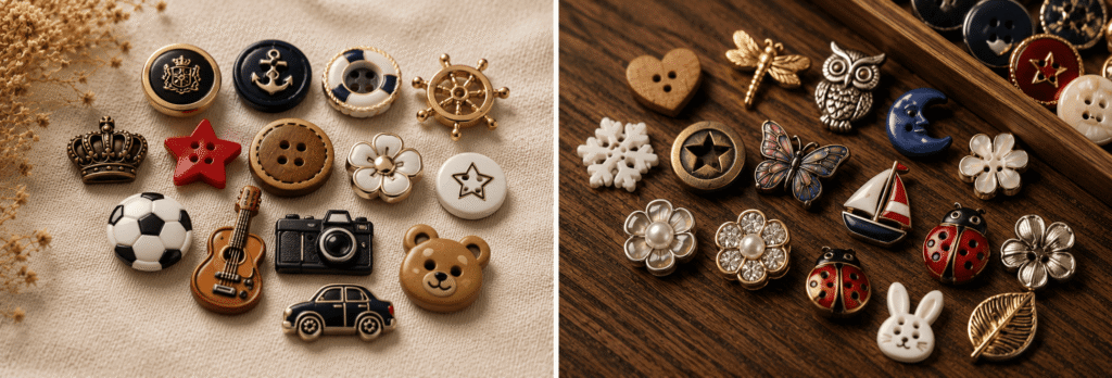 Colorful novelty buttons shaped like animals, flowers, stars, and decorative objects.