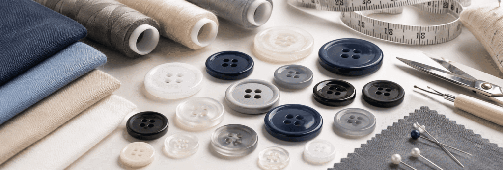 Black, navy, gray, and white nylon clothing buttons arranged with folded fabric.