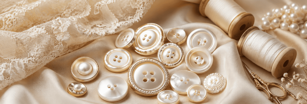 Elegant white pearl buttons displayed on satin fabric with matching sewing thread.
