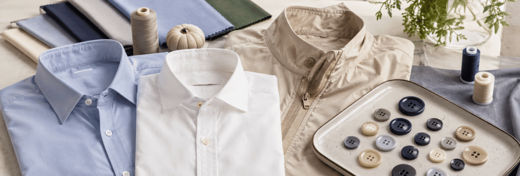 Durable polyamide shirt buttons displayed beside folded formal shirts and fabric samples.