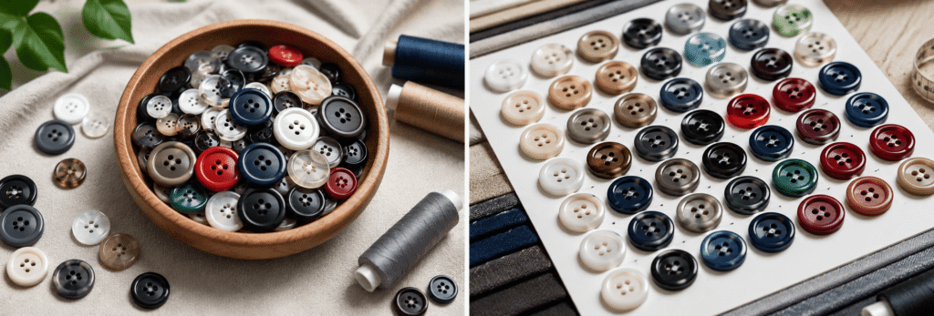 Colorful polyester clothing buttons organized in trays with sewing materials.