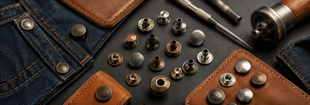 Metal rivets and jeans buttons arranged with denim, leather patches, and installation tools.