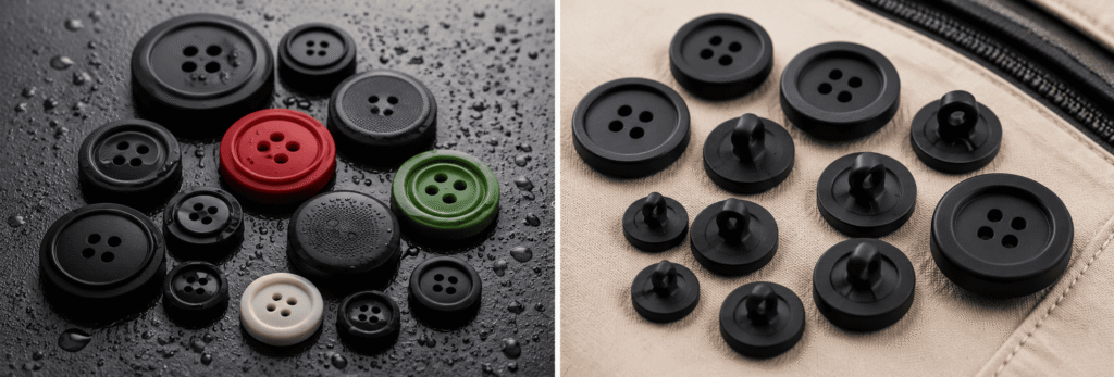 Black, gray, green, and red rubber buttons displayed on textured fabric.