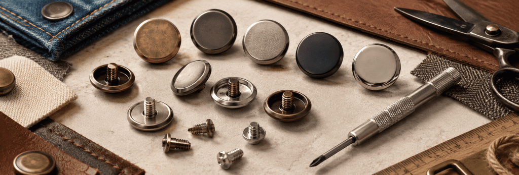 Metallic screw-on buttons in silver, bronze, and black finishes with installation tools.