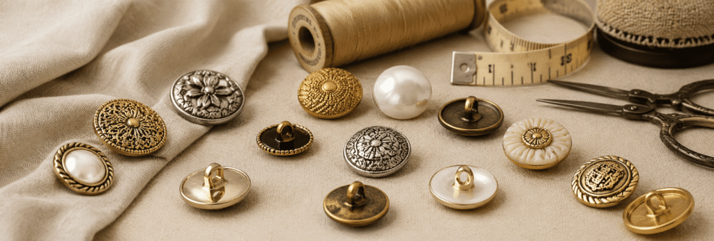 Decorative metal shank buttons in gold, silver, pearl, and antique finishes.