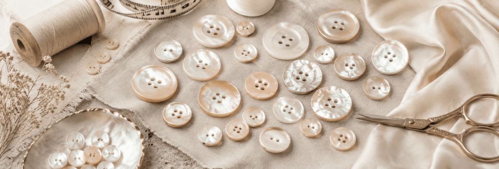 White and cream shell buttons with natural iridescent surfaces displayed on satin fabric.