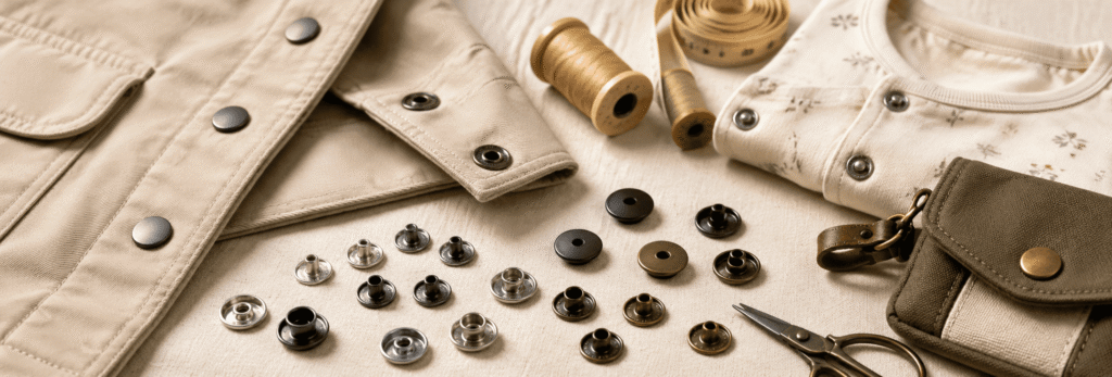 Black and silver snap buttons arranged with jackets, thread, and sewing accessories.