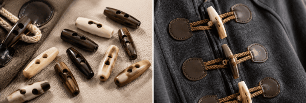 Wooden toggle buttons with leather and cord loops displayed on coats and fabric.