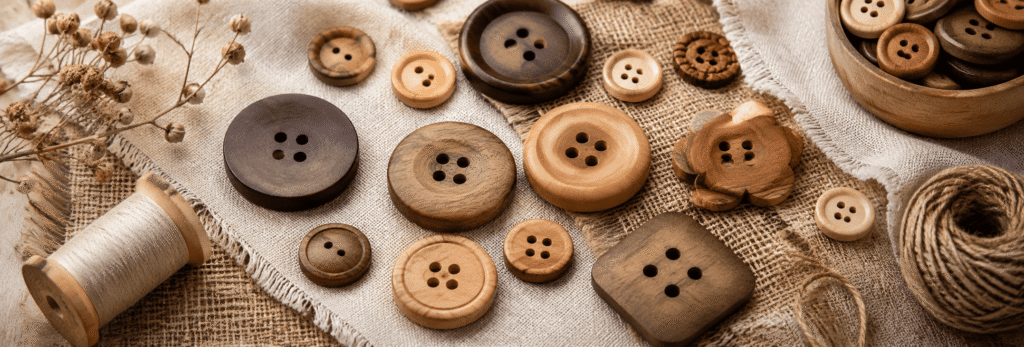 Natural wooden buttons in different sizes and shades arranged with thread and rustic fabric.