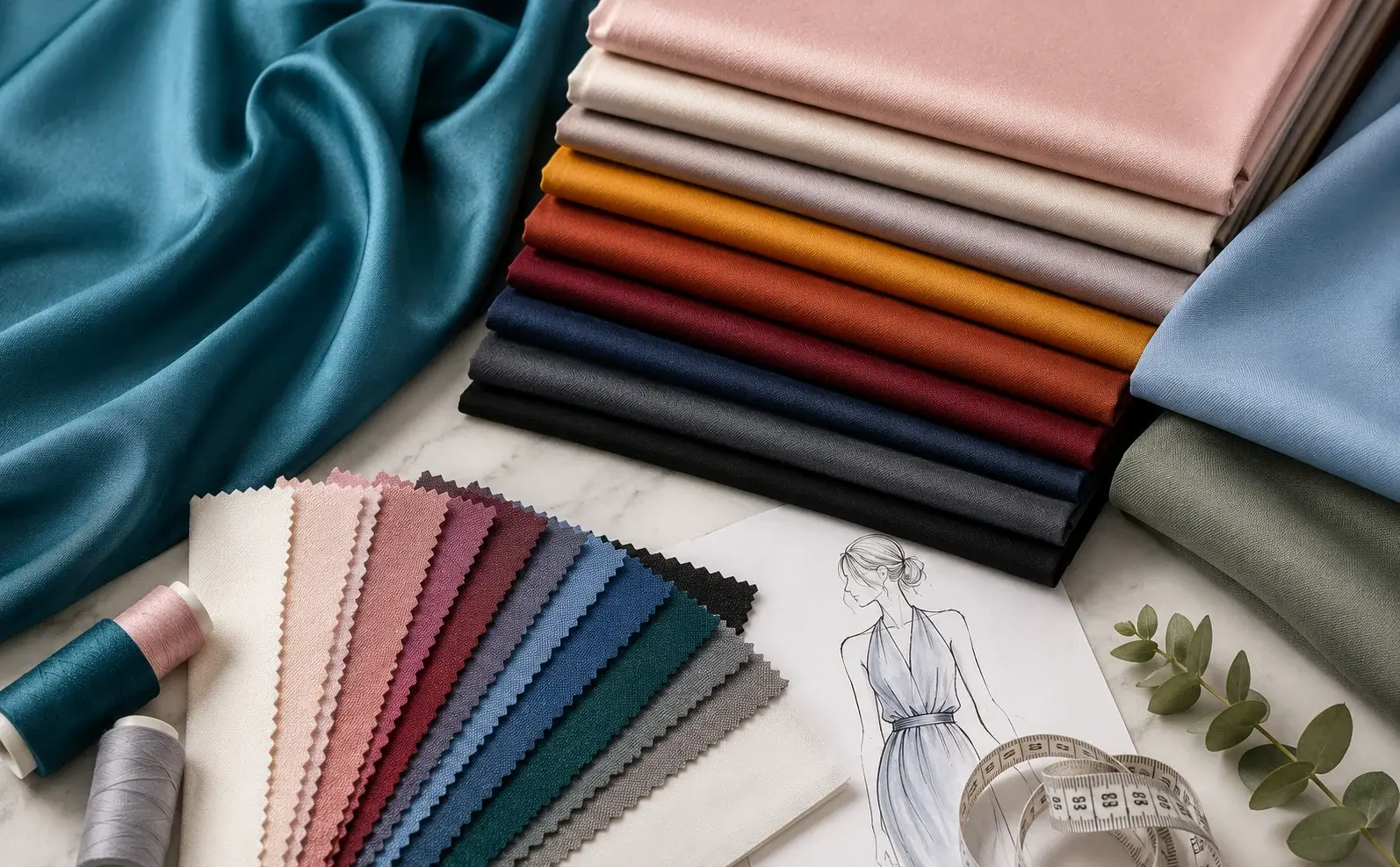 Colorful polyester fabric swatches, folded textiles, and sewing accessories.