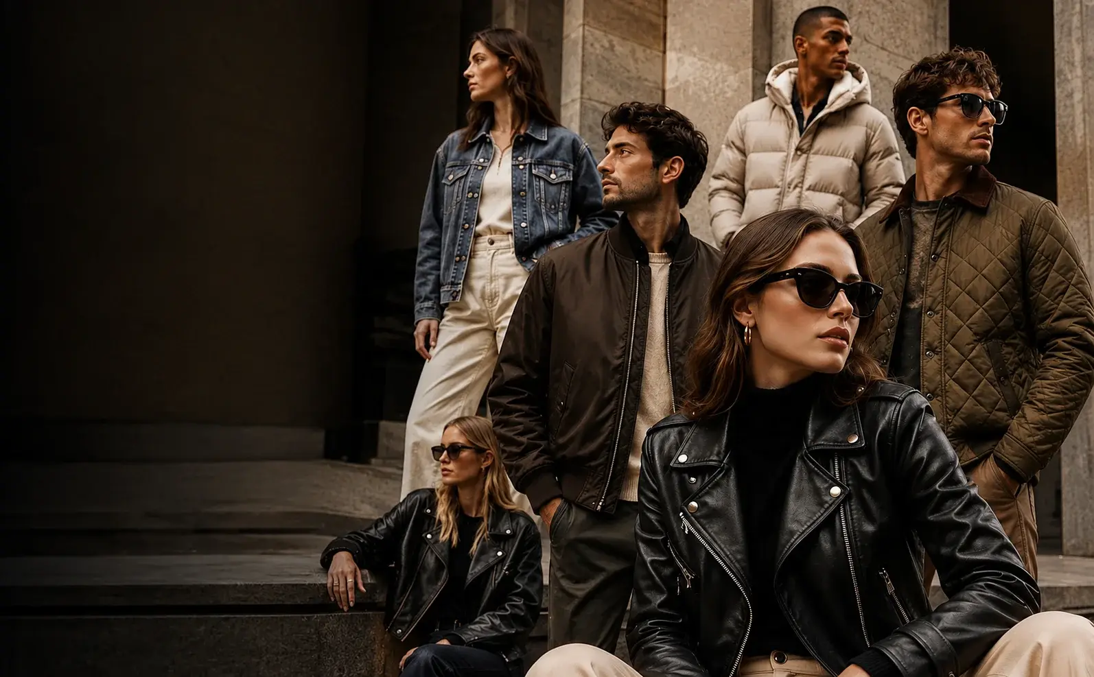 Men and women modeling stylish leather, denim, bomber, puffer, and quilted jackets on stone steps.