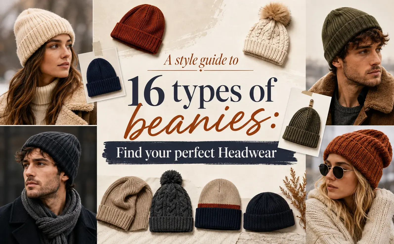 Men and Women wearing different beanie styles with a beanie fashion guide.