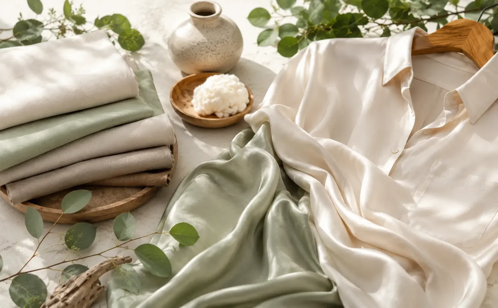 Soft Tencel fabric and cream shirt arranged with folded textiles and green leaves.