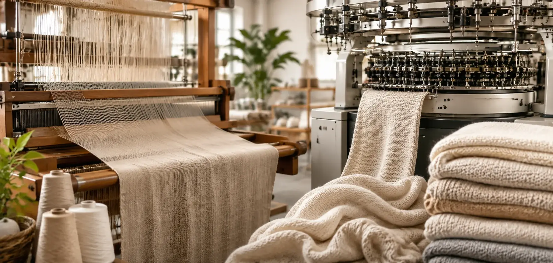 Modal yarn being woven and knitted into soft fabric using textile manufacturing machines.