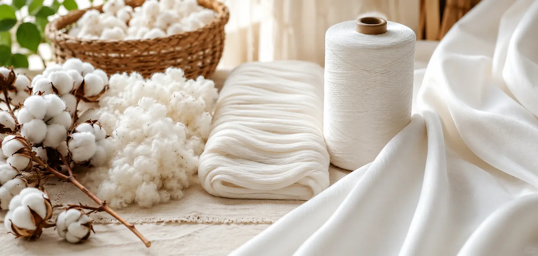 Pima cotton bolls, raw fibers, spun yarn, and finished white fabric showing the cotton manufacturing process.