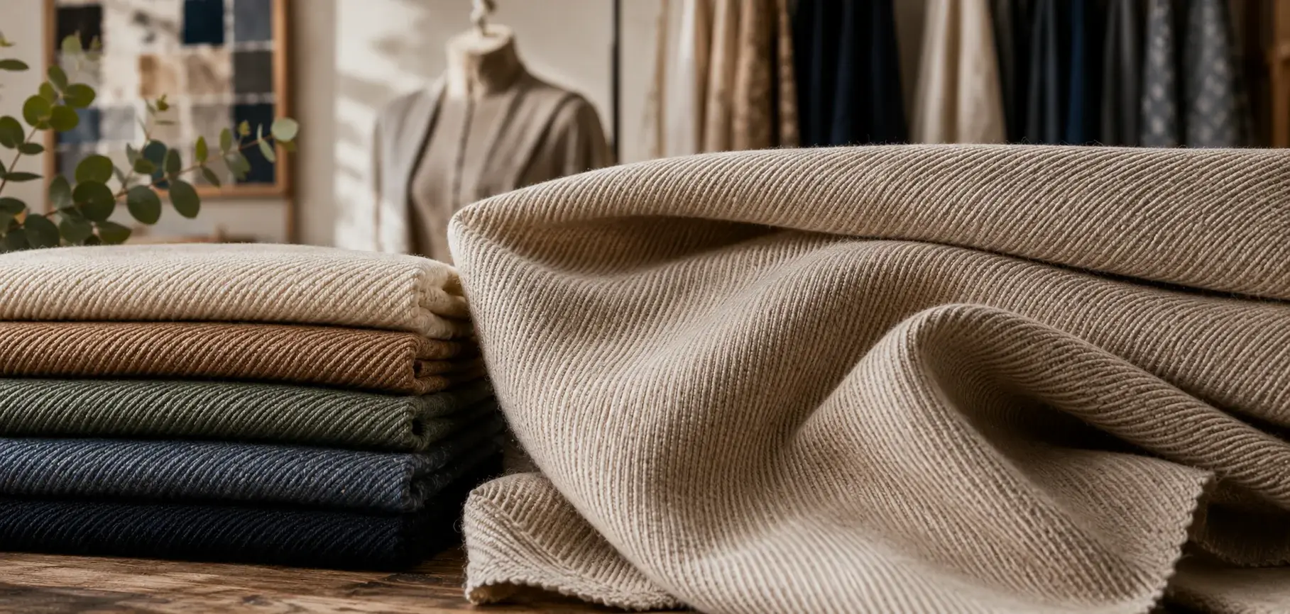Close-up of twill weave fabric showing distinctive diagonal rib patterns in neutral and earthy colors.