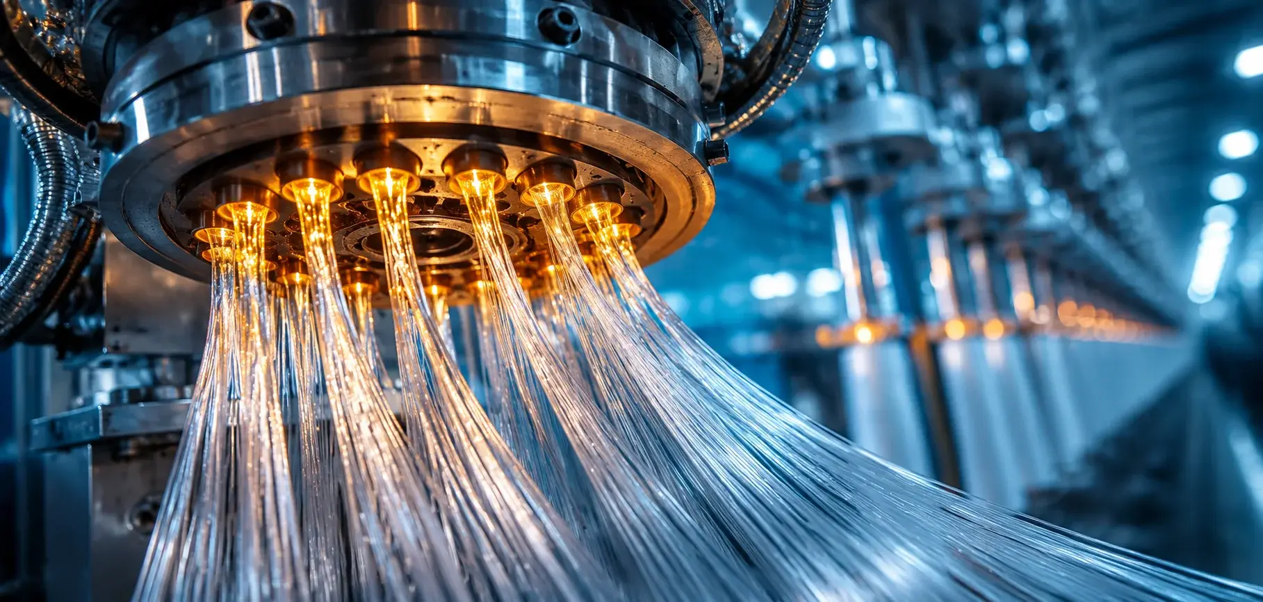 Molten polyester being extruded through a spinneret to form continuous synthetic filaments.