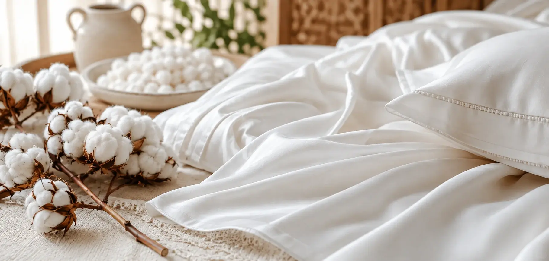 Luxurious Egyptian cotton fabric and bedding displayed with natural cotton bolls in a soft premium setting.