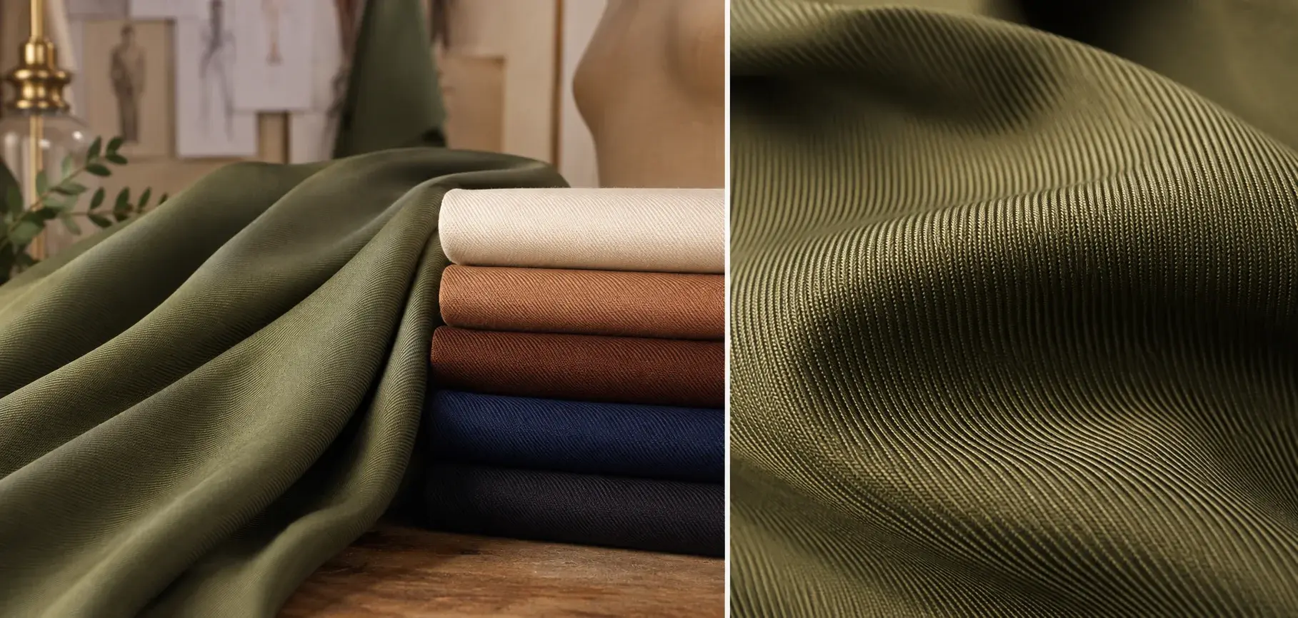 Olive green viscose twill fabric with visible diagonal weave texture and neatly folded color variations.