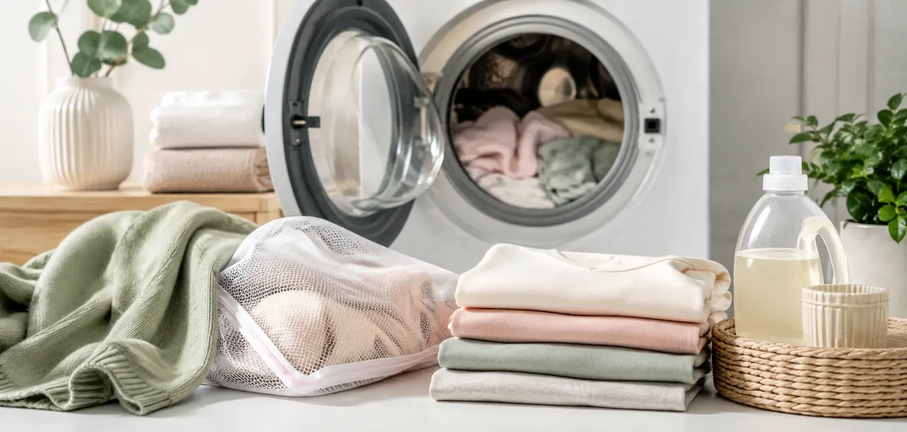 Modal clothing prepared for gentle machine washing with a laundry bag and mild detergent.