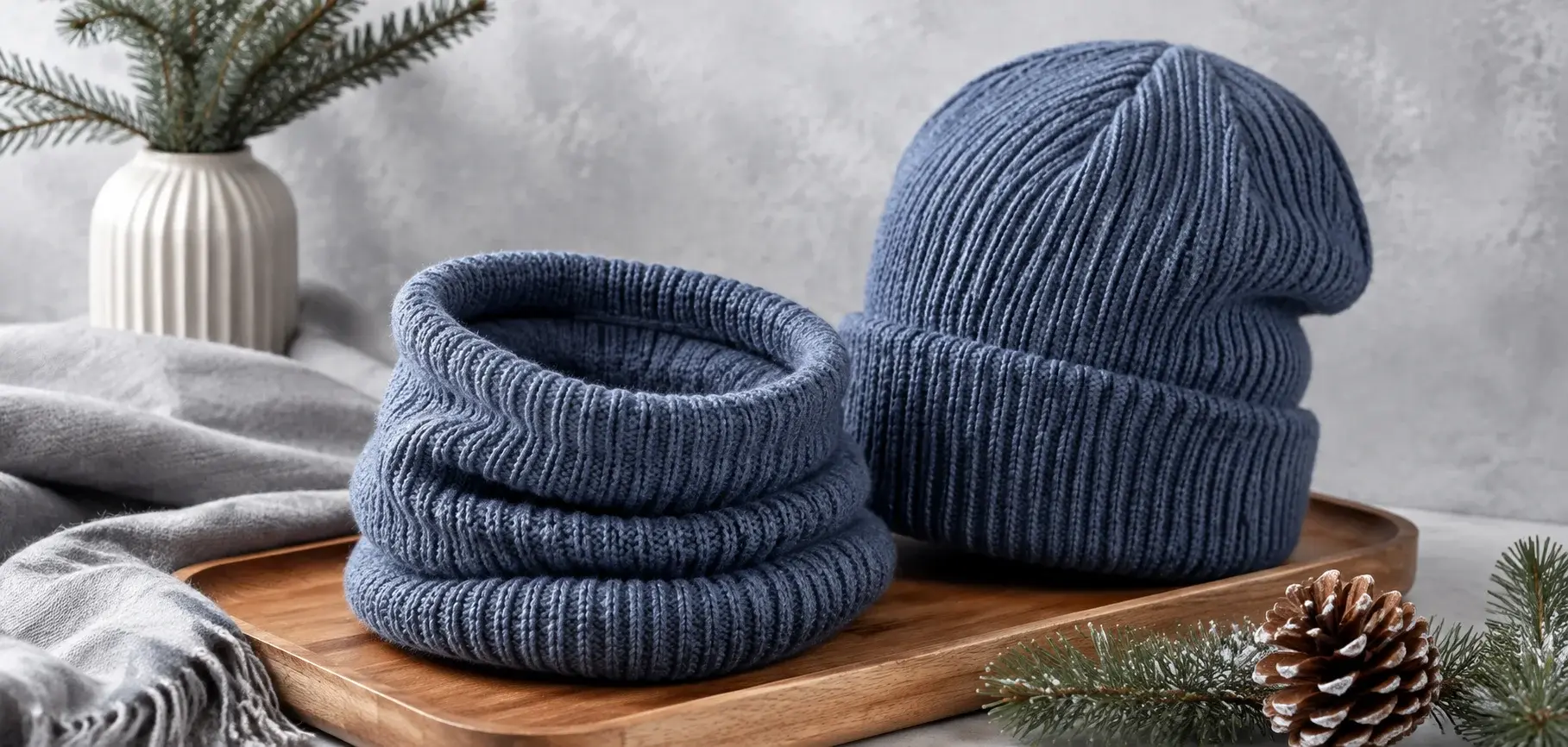 Blue gaiter beanie and matching neck warmer displayed with winter accessories