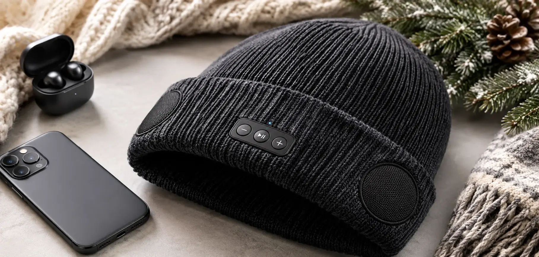 Black Bluetooth beanie with built-in speakers and control buttons beside a smartphone